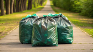Conceptual Image For World Environment Day. Three Green Compostable Trash Bags Filled With Waste On Park Pathway Outdoors